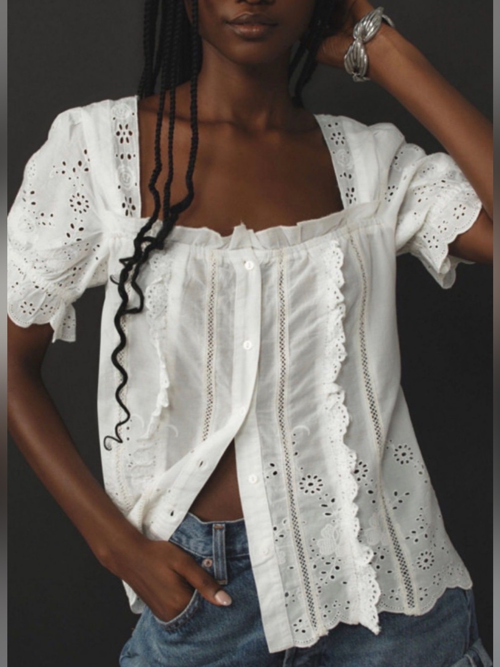 🌻Anthropologie White Eyelet Top Puff Sleeve Button Front Scalloped Hem XS